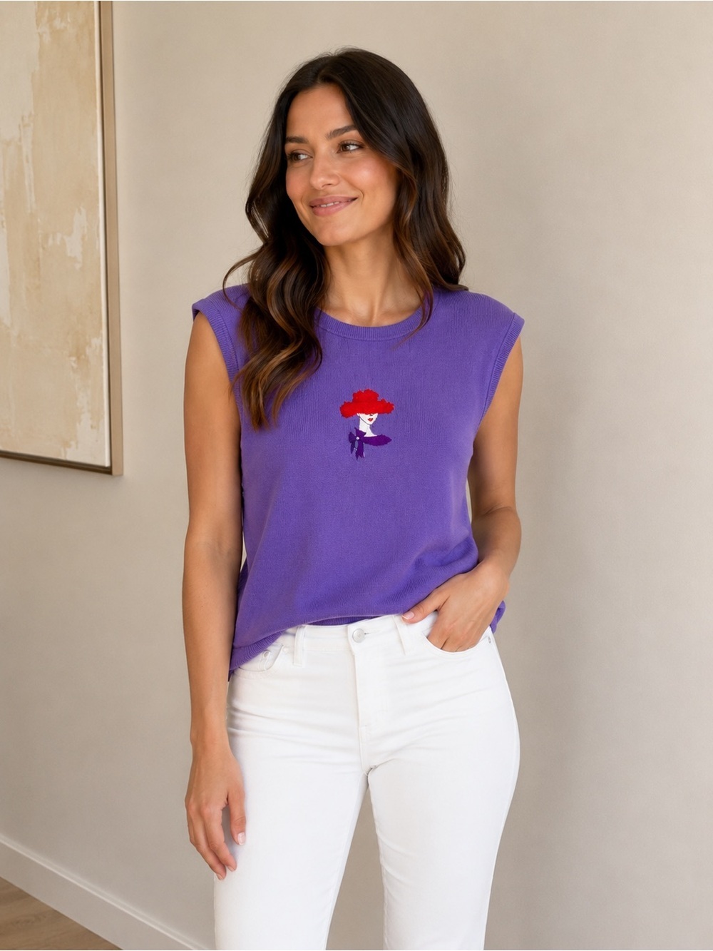 NWT Vintage Tia Designs Sleeveless Sweater Vest Tank Purple with Red Size Large
